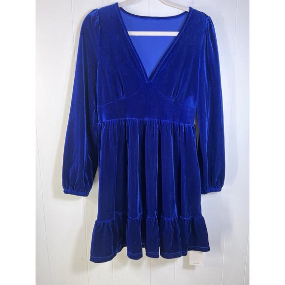 Halara Everyday Deep V-Neck Long Sleeve Velvet Mini Chill Dress Size M Blue New - Picture 1 of 10